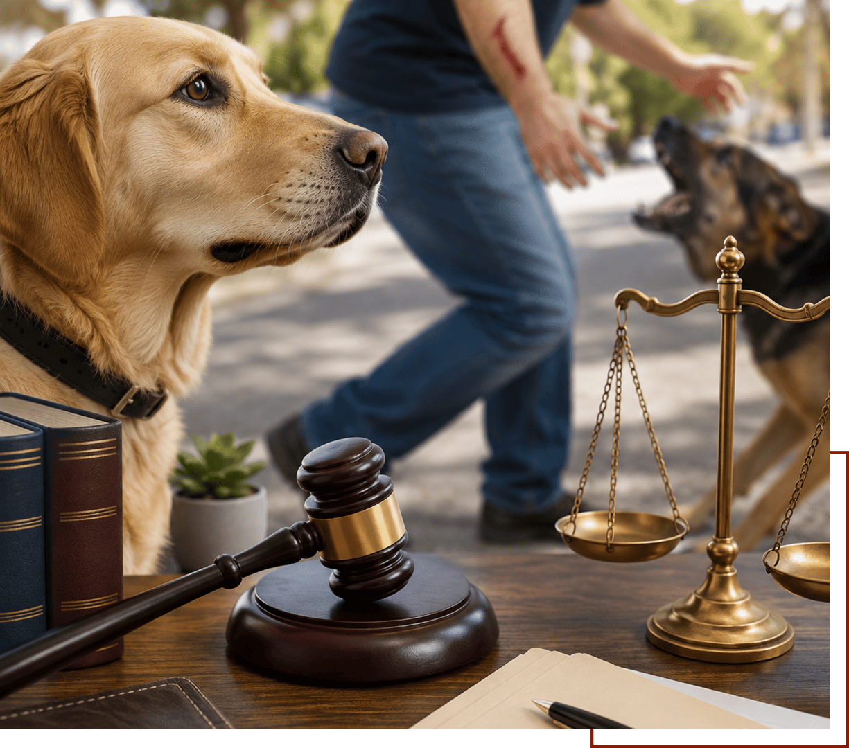 Dog in courtroom setting with scales and gavel